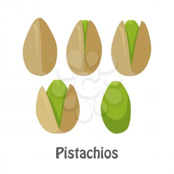 Pistachio nuts and pistachio kernels. Set of pistachios nuts. Ripe pistachios nuts in flat. Several pistachio nuts, close up. Healthy vegetarian food. Isolated vector illustration on white background.