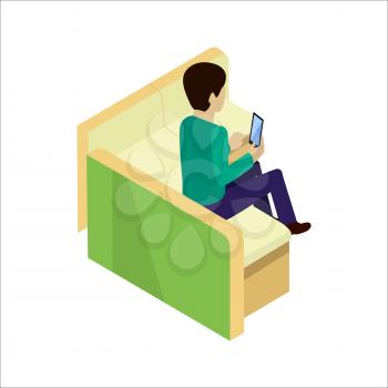 Young man sitting relaxed on sofa with smartphone, waiting for someone. Man doing online shopping. Man make purchases through the internet sitting on the couch. Isometric vector illustration in flat.