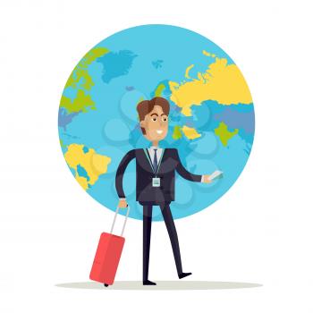 Business man with brown hair and in business suit and tie stands on a background with planet. Smiling business man with red suitcase. Business trip. Flat design vector illustration