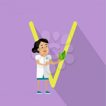 Science alphabet vector concept. Flat style. ABC element. Scientist woman in white gown standing with green leaves in hand, letter V behind. Educational glossary. On violet background with shadow  
