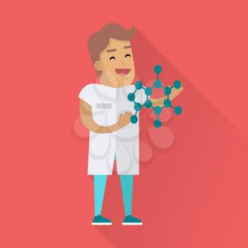 Scientist at work illustration. Vector in flat style. Scientific icon. Male character in white gown standing with atom structure in hand. Educational demonstration. On red background with shadow