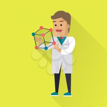 Scientist at work illustration. Vector in flat style. Scientific icon. Male character in white gown standing with atom structure in hand. Educational demonstration. On yellow background with shadow