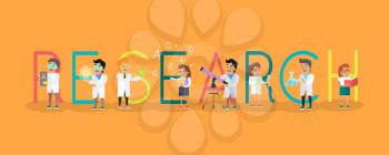 Research science banner. Human characters in white gowns with scientific equipment. Educational concept. Health care. Vector illustration in flat style. For education sources ad, infographics, web