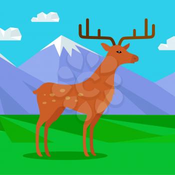 Young fallow deer male with horns on mountain meadow with snowy mountains behind. Flat style vector. North nature beauty. For travel, nature concept, children s book illustrating, printing material