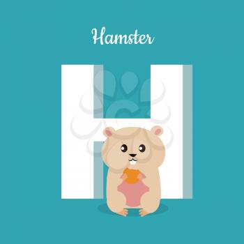 Hamster with letter H isolated on blue. Domestic hamster with biscuit. Part of alphabetic series with animals. Fluffy rodent animal. Small funny mouse. ABC, alphabet. Vector illustration