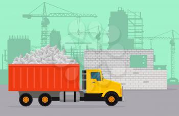 Trucking on construction vector concept. Tipper loaded with concrete bricks, building site, silhouettes of buildings and cranes on background. For construction theme illustrating, building company ad
