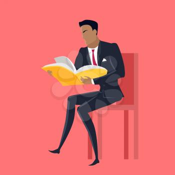 Getting on top of knowledge vector concept. Flat design. Man character in business suit seating on chair with book in hands. Self-education, and literature reading concept. On red background. 