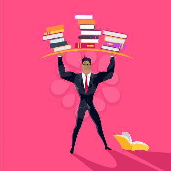 Reading power vector concept. Flat design. Intellectual strength. Man character in business suit holding stacks of books over head. Self-education, and literature reading. On pink background. 
