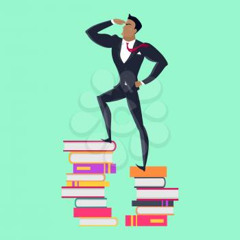 Getting on top of knowledge vector concept. Flat design. Man character in business suit standing on pile of books. Self-education and literature reading concept. On green background. 