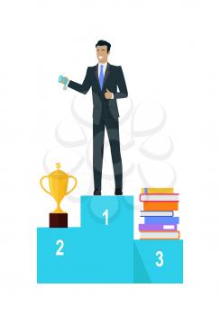 Business man with black hair in business suit and blue tie holding medal on pedestal of winners. Winner business concept. Business success and award concept. Smiling young man personage in flat design