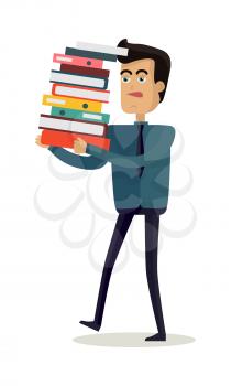 Business man with black hair in business clothes and tie carries a large and heavy stack of documents. Young man personage in flat design isolated on white background. Vector illustration.