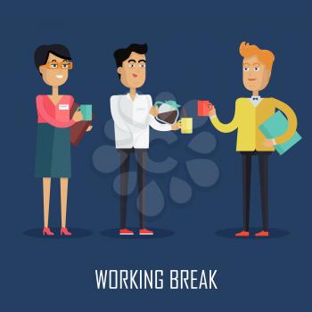 Working break concept vector in flat style design. Business peoples, woman and two man, drinking coffee during break. illustration for business process concepts, time management infographics.