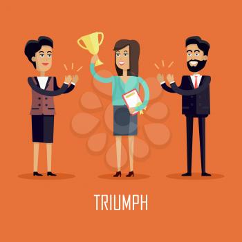 Triumph concept vector in flat style. Successful woman raises cup above her head and receives applause from colleagues. Illustration for business concepts, web pages design, infographics.   
