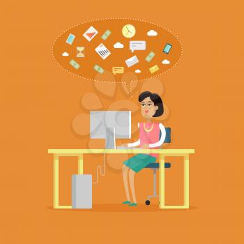 Office work concept vector in flat design. Woman seating under table and working on computer, business icons in speak cloud. Working process in office, business in internet, daily tasks illustrating. 