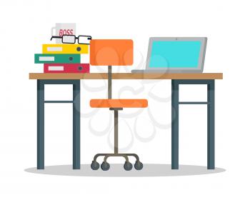 Workplace vector illustration in flat style. Modern office furniture. Table, chair, laptop, binders, cup illustrations for business, space organization, routine, vacancy concepts. Isolated on white