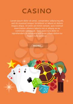 Casino poster with roulette wheel, coins dice money chips craps stars isolated on red. Gambling luck, fortune and bet, risk and leisure, jackpot chance. Casino banner. Vector illustration