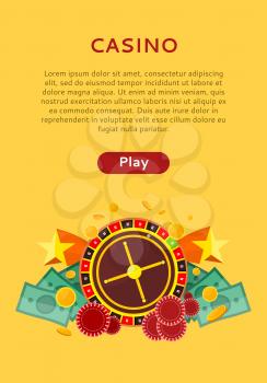 Casino poster with roulette wheel, coins dice money chips craps stars isolated on yellow. Gambling luck, fortune and bet, risk and leisure, jackpot chance. Casino banner. Vector illustration