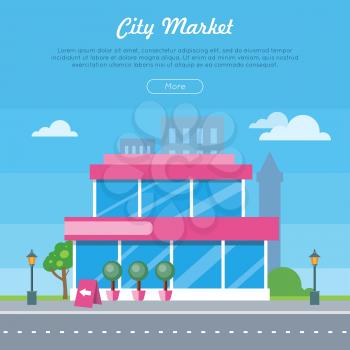 City market near the road banner. Flat design supermarket general store, shopping mall and fashion store icon. Marketing, supermarket shelf aisle. Building with big windows. Vector illustration
