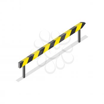 Isometric road construction, roadblock sign. Yellow and black warning sign with shadow. Yellow and black striped traffic road sign. City isometric object in flat. Drive safety.