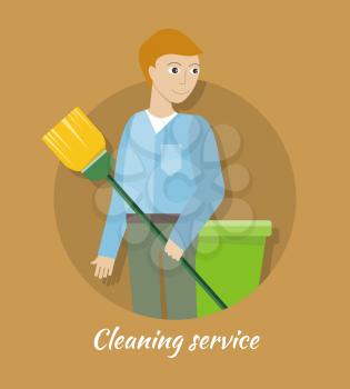 Cleaning service concept vector. Flat style design. Smiling man character standing with broom in hand. Small private business. Illustration for housekeeping companies and services advertising