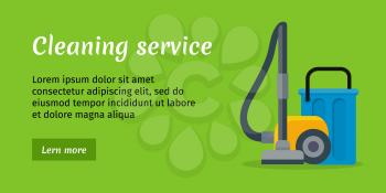 Green cleaning service banner with blue bucket and yellow vacuum cleaner. House cleaning service, professional office cleaning, home cleaning, domestic cleaning service illustration. Website template