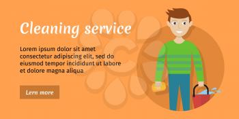 Cleaning service. Male member of the cleaning service staff with bucket and sponge. Worker of cleaning company. Successful housekeeping company banner. Office and hotel cleaning. Vector illustration
