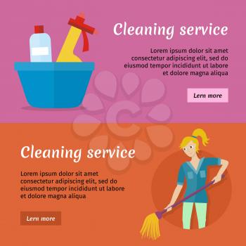 Cleaning service advertisement cards set. Posters with cleaning service stuff and equipment. Worker of cleaning company. Successful cleaning business company banner. Lady housekeeper. Vector