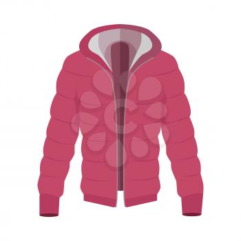 Red warm down jacket icon. Unisex everyday clothing in casual style for cold weather flat vector illustration isolated on white background. For clothing store, fashion concept, app button, web design
