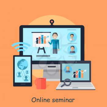 Online seminar. Distance work. Communication by means of computer technologies. Internet abilities. Motivational webinar. Part of series of developing successful leadership in team working. Vector