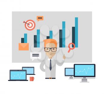 Business training at office banner. Banner successful young man with glasses mentor consultant, coaching and shows business charts and graphs. Success growth data information. illustration