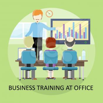 Lecture concept vector. Flat design. Business training at office. Man holding seminar near monitor with infographic. Certification training. Illustration for educational companies, career course ad.  