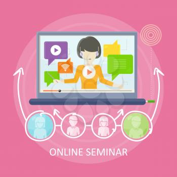 Online seminar concept vector in flat design. Woman with headset holding internet training. Mobile solutions for education. Illustration for educational companies, career courses ad.  