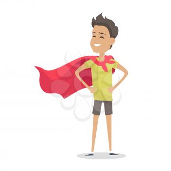 Young boy in superman pose wearing a red cloak. Boy with green T-shirt and gray shorts and red cloak. Smiling boy personage in flat design isolated on white background. Vector illustration.