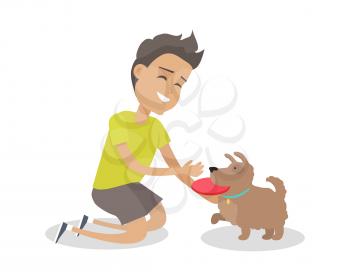 Smiling boy playing frisbee with his dog. Dog with toy. Dog playing in flying disk. Boy and his pet. Brown dog is ready to play frisbee. Isolated vector illustration on white background