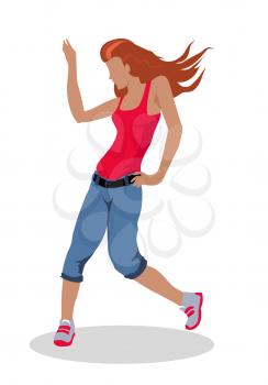 Street dancer vector illustration. Flat design. Red-head girl in shorts, shirt and sneakers dancing. Activity and sport For celebrating, party concepts, dancing club ad. Isolated on white background.
