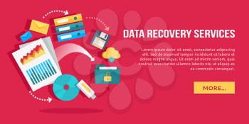 Data recovery services. Set of concept flat icons data storage, cloud computing, data provision services. Numerous colored web icons, business stuff, computer parts, infographic elements. Vector