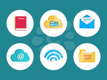 Flat icons for web and mobile applications. Leather notebook, cloud storage, mail letter, online storage, wireless connection, folder with digital data. Internet signs symbols. Vector flat style