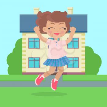Girls jumping with joy in front of cottage house. Adorable little girls have leisure time. School girls during break. Young ladies at playing playground in flat style. Daily activity. Vector