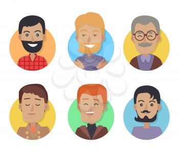 Set of icons of men with different color of hair and clothes isolated on white background. Men with beards and mustaches. Male of all ages avatars. Vector illustration in flat style design