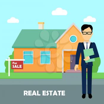 Real estate broker at work. Real estate agent, house building, property home, realtor and rent, sale housing, buy apartment. Part of series of modern buildings in flat design style. Vector