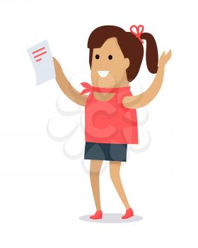 Happy woman with paper sheet in hands flat vector illustration isolated on white background. Secretary cartoon. Happy lady with letter. Working with documents, office paper work concept. Good job