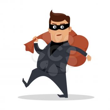 Money stealing concept vector. Flat design. Financial crime, tax evasion, money laundering, political corruption illustration. Robbery. Man in a business suit, in mask carrying a bag of money on back.