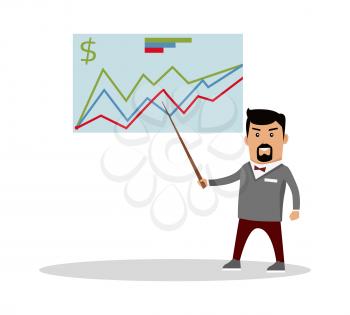 Financial forecast concept vector. Flat design. Economics masterclass illustration. Man with pointer standing at the blackboard with graphs, curves and infographics. Isolated on white background.