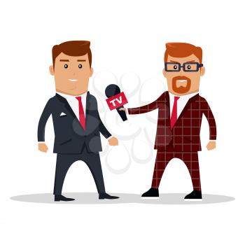Interview on TV vector illustration. Television live broadcast streaming news. Media characters. Reporter interviews live on experts, politicians, officials, businessman. Public statement. On white.