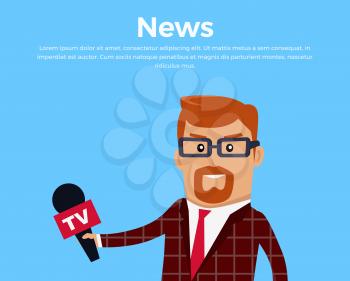 Breaking news concept banner. Media worker character vector. Flat design. TV journalist, reporter illustration. Live. Man in brown checkered suite with microphone. Isolated on white background.