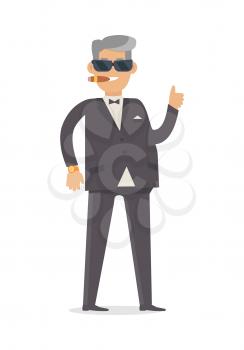 Rich man in expensive suit isolated on white background. Handsome guy in stylish clothes. Middle aged male in glasses and luxury clock smoke cigarette. Cute cartoon character. Vector illustration