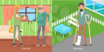 First aid of medical workers for oldsters. Young doctor with medicine chest helps man. Man walks with broken leg in park. Health care, medical care concept. Vector illustration poster for hospitals websites