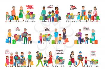 Collection of icons with family shopping. The history of our shopping. Favorite shopping. Pleasure of shopping. Shopping as pastime. Families gathered together with carts and goods inside. Vector