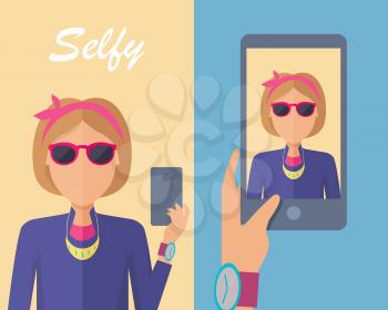Selfy on smartphone. Young girl taking own self portrait with mobile phone. Modern life with selfie photo camera. Selfie smile, selfie concept. Woman shows her photo on displlay. Vector illustration