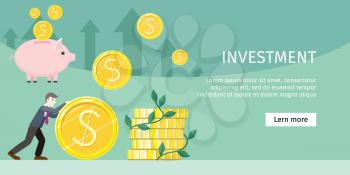Investment concept flat style vector. Smiling businessman rolls giant gold dollar coin near stack of money. Coins falling in piggybank. Increasing capital and profits. Wealth and savings growing.
